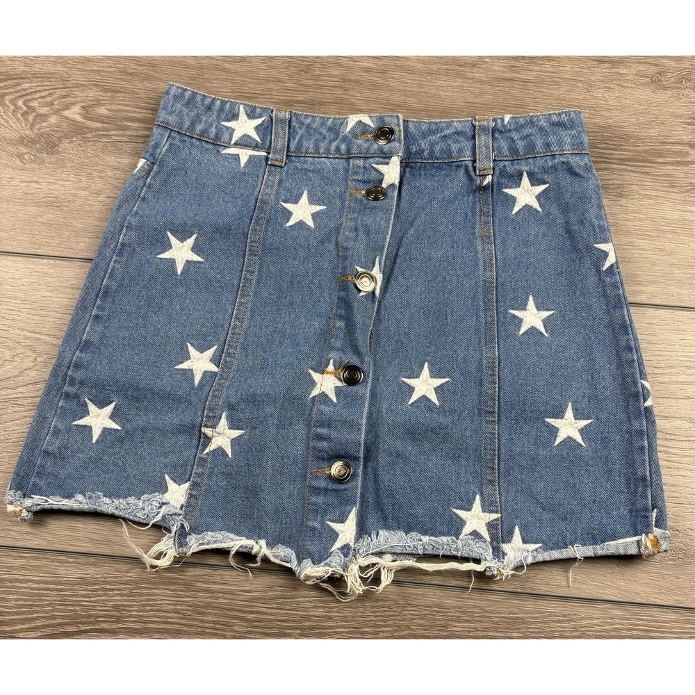 Sans Souci Women Denim Skirt Star Print Button Front Frayed Hem Blue Small